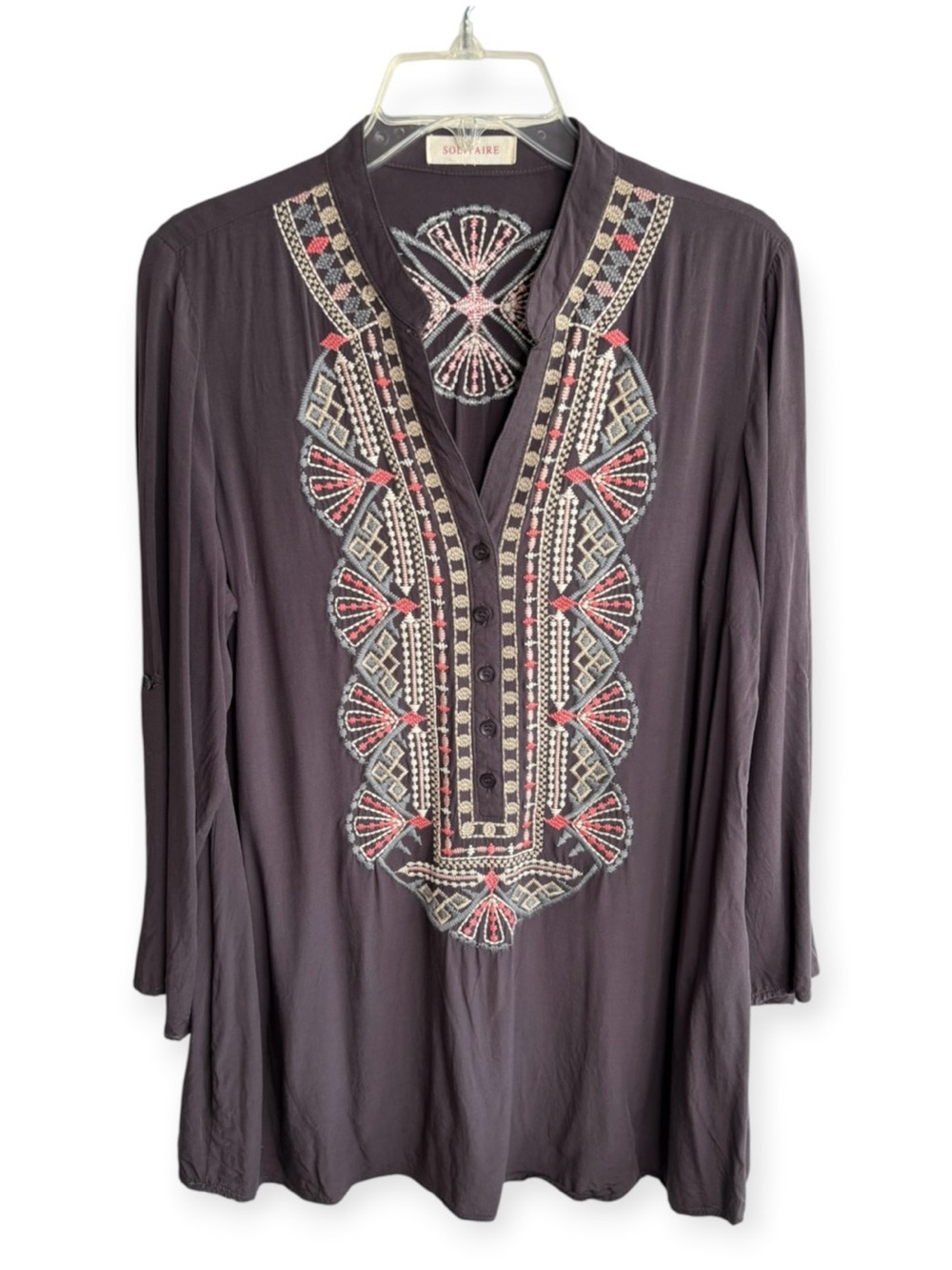 Solitaire Embroidered Tunic Top Medium Large? Roll Tab Sleeve Rayon Bobo Aztec